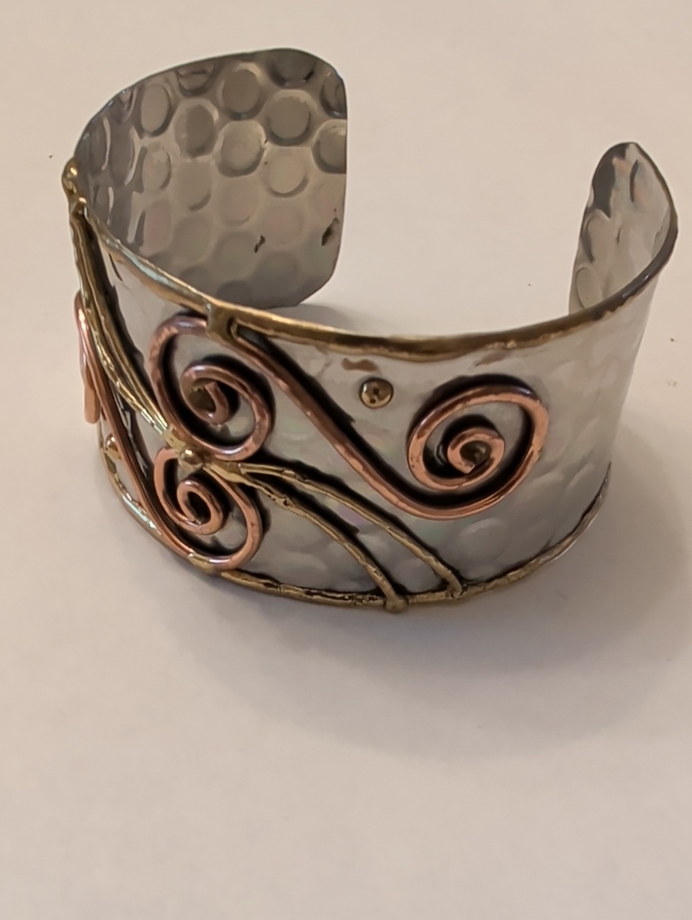 Hammered Silver-Tone Cuff Bracelet with Copper And Brass Swirl Accents